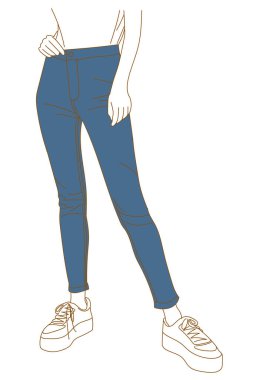 Denim Kot Pantolon. Ön Manzara. Vektör Tek Çizgi Film İllüstrasyonu