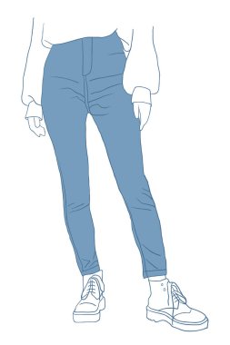 Denim Kot Pantolon. Ön Manzara. Vektör Tek Çizgi Film İllüstrasyonu