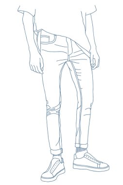 Denim Kot Pantolon. Ön Manzara. Vektör Tek Çizgi Film İllüstrasyonu