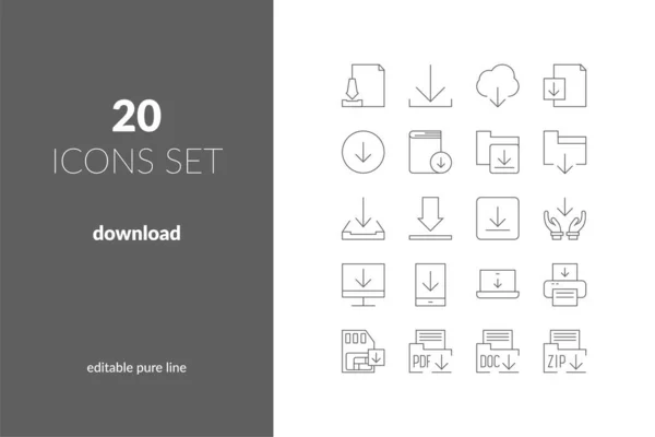 Descargar Conjunto Iconos Lineales Descarga Documentos Descarga Archivos Almacenamiento Nube — Archivo Imágenes Vectoriales
