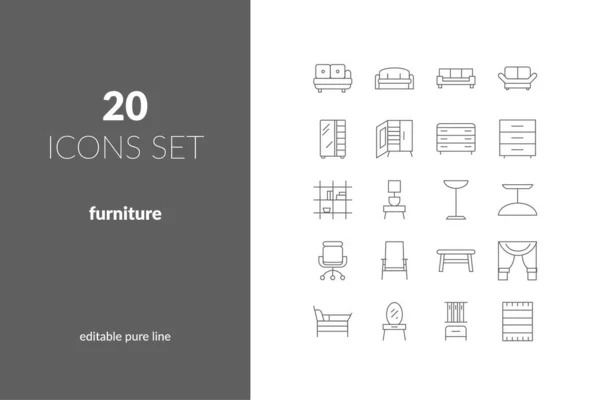 Furniture Linear Icons Set Upholstered Furniture Bedroom Set Shelving Lighting — Stock Vector