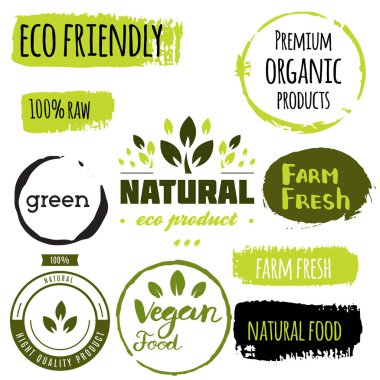 Sağlıklı gıda ikonları, etiketler. Organik etiketler. Doğal ürün elementleri. Vejetaryen restoran menüsü için logo. Raster illüstrasyonu. Az yağlı damga. Eko ürün.
