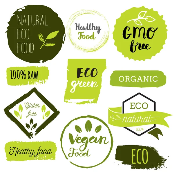 Sağlıklı Gıda Ikonları Etiketler Organik Etiketler Doğal Ürün Elementleri Vejetaryen — Stok Vektör