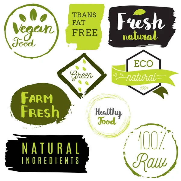 Friska Livsmedel Ikoner Etiketter Organiska Märken Naturliga Produktelement Logotyp För — Stock vektor