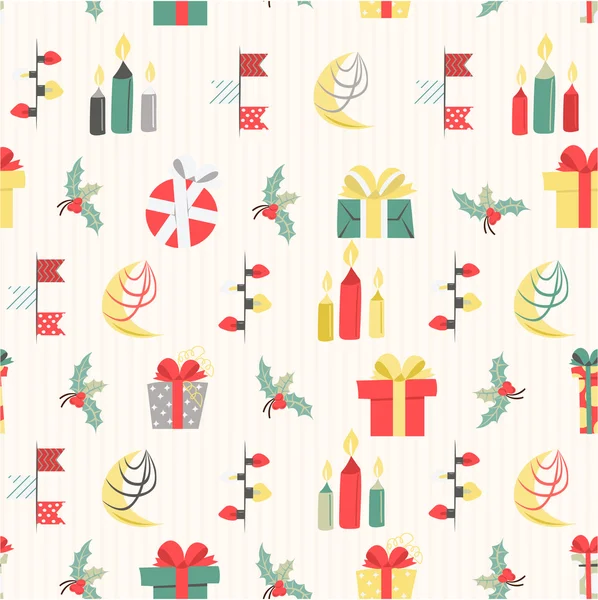 Vzorek Veselé Vánoce, šťastný nový rok pozadí, balicí papír textury, karikatury. — Stockový vektor