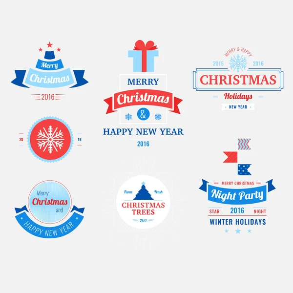 Karácsonyi címkék és jelvények Vector Design. Dekorációk elemek, jelképek, ikonok, keretek, díszek és szalagok, beállítása. Jogdíjmentes Stock Illusztrációk