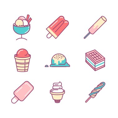 Renk ince çizgi simgeler kümesi. İzole dondurma simgeler.