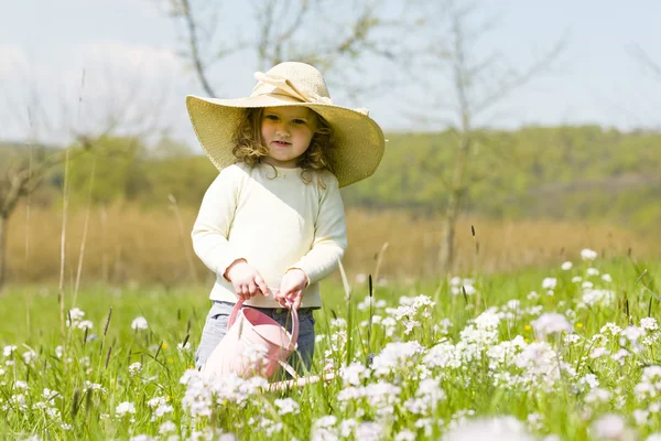 Carino ragazza in dandilon prato — Foto Stock