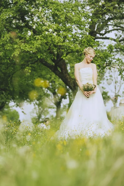 Νύφη γάμος κήπο με λουλούδια Royalty Free Φωτογραφίες Αρχείου