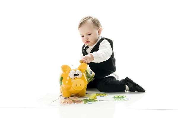 Business Baby with piggybank — Stock Photo, Image