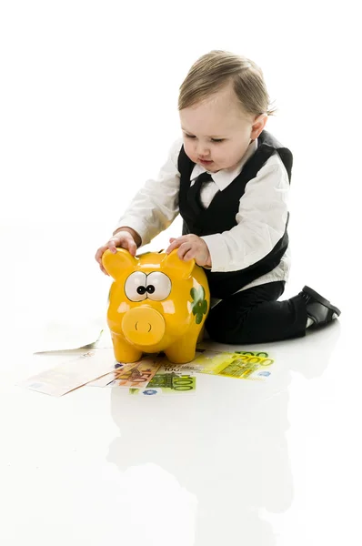 Business Baby with piggybank — Stock Photo, Image