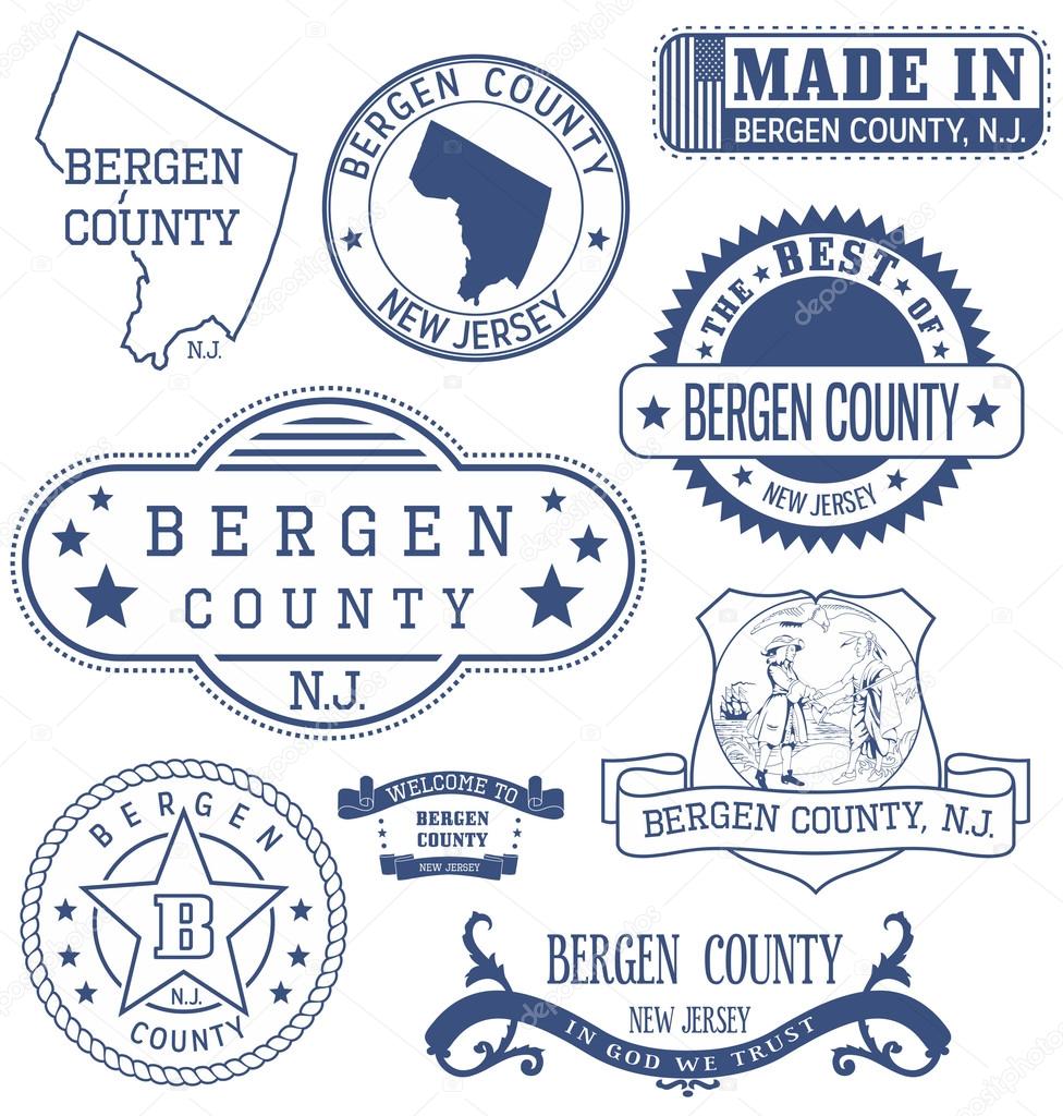 Bergen county, New Jersey. Set of generic stamps and signs.