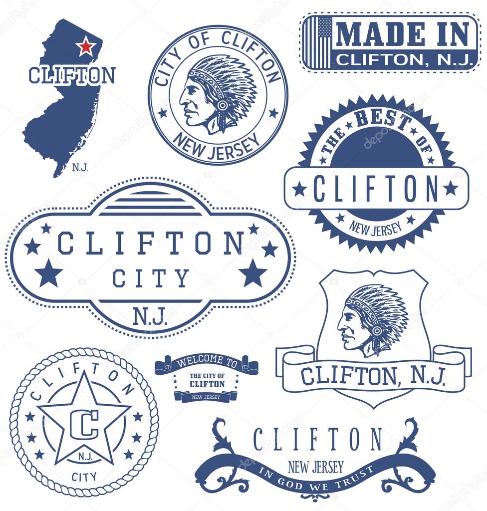 Clifton city, New Jersey. Set of generic stamps and signs.