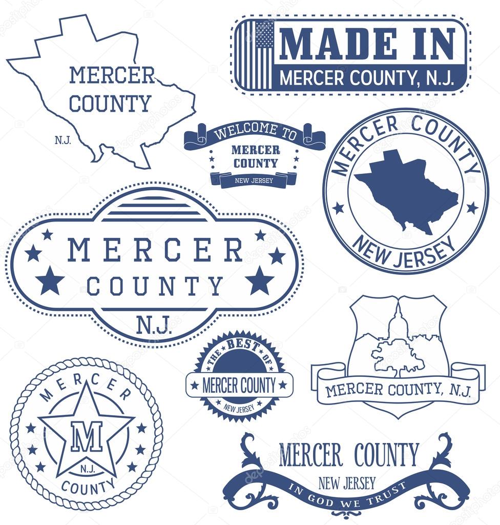 Mercer county, New Jersey. Set of generic stamps and signs.