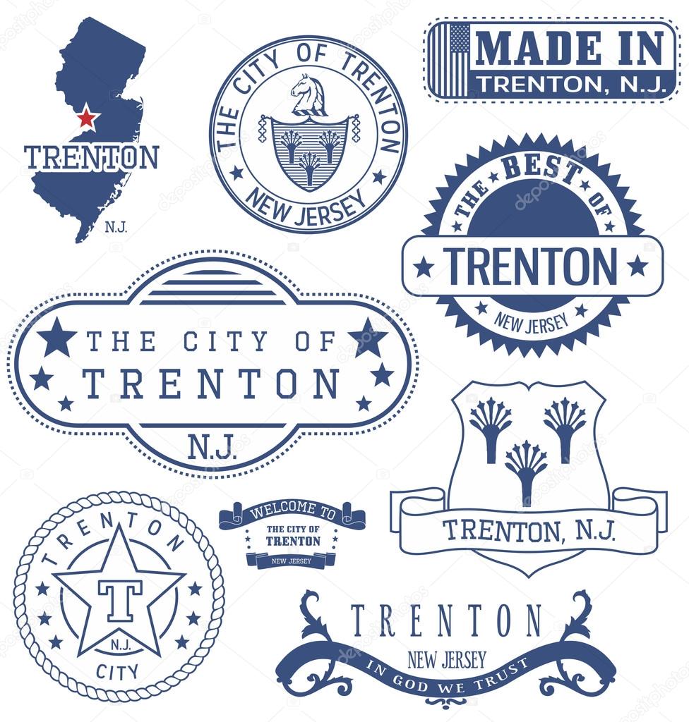 Trenton city, New Jersey. Set of generic stamps and signs.