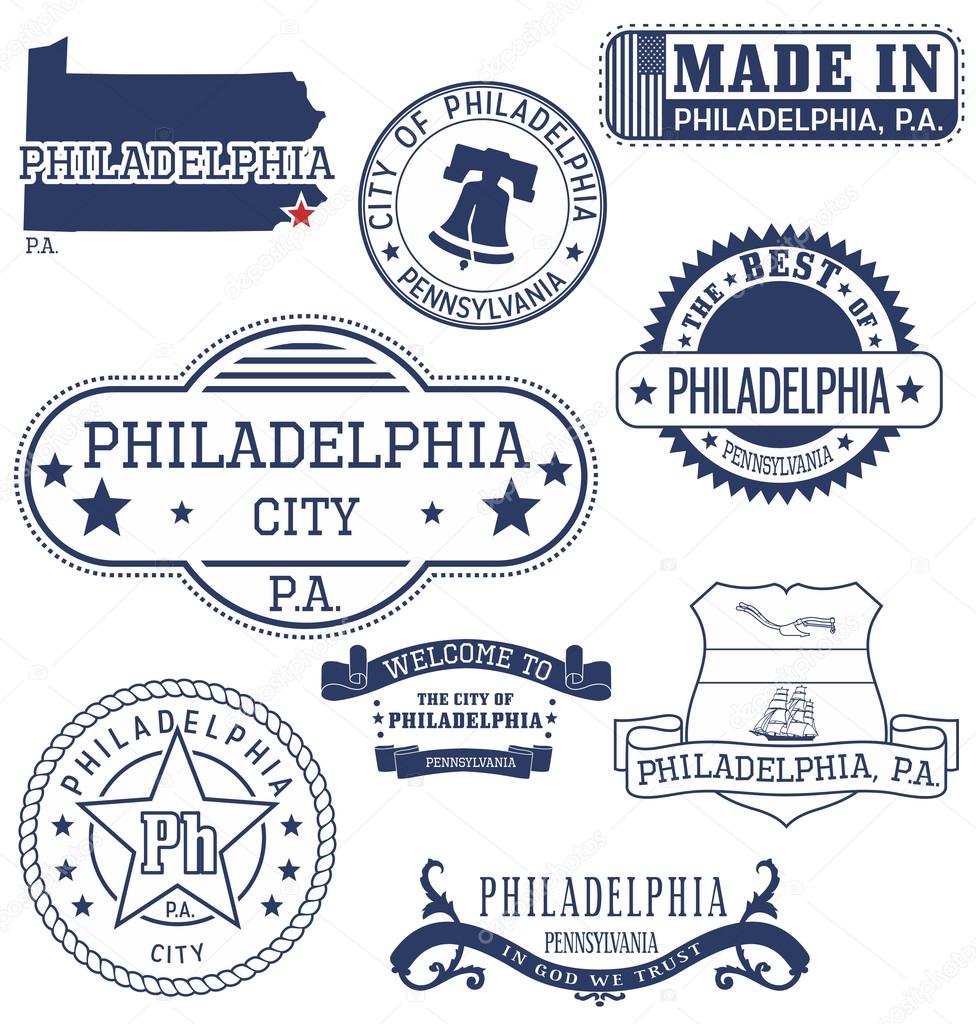 Philadelphia city, Pennsylvania. Set of generic stamps and signs.