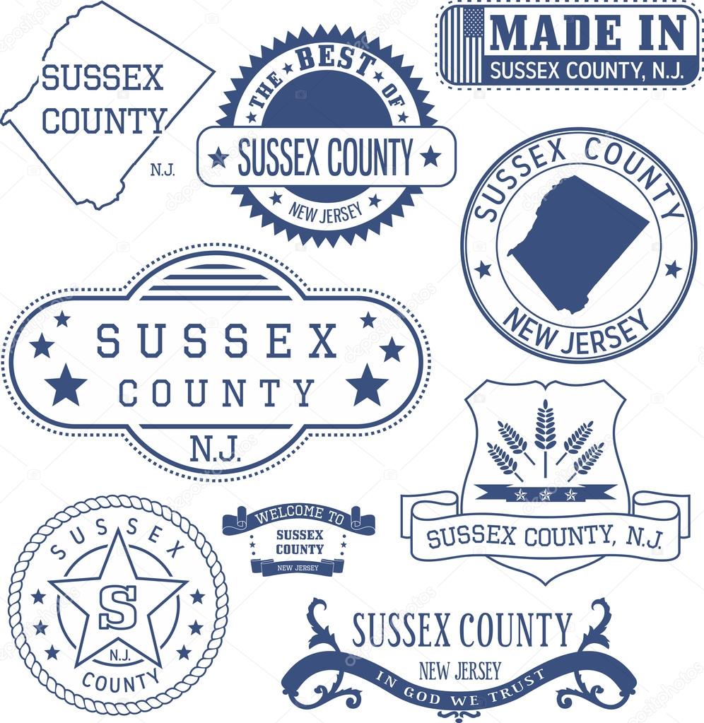 Sussex county, New Jersey. Set of generic stamps and signs.