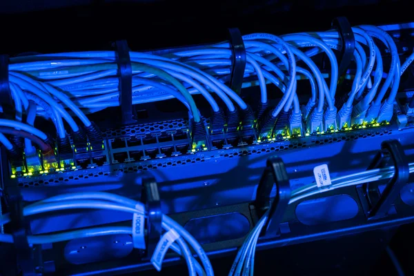 Anahtarındaki bilgisayarlara ağ kabloları Stok Resim
