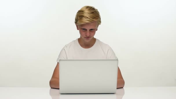 Smiling teenager student with laptop — Stock Video