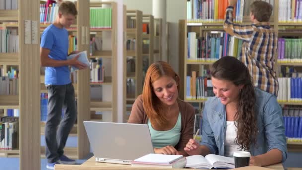 Två studenter flickor lära sig tillsammans i biblioteket — Stockvideo