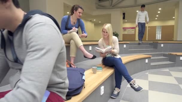 Studenten zittend op de Bank in de hal van de Universiteit — Stockvideo