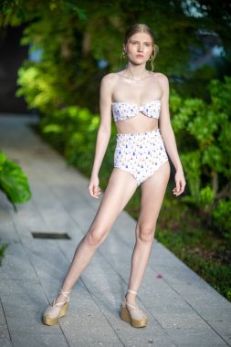 A model walks the runway for Verdemelon Swimwear Summer collection 2021 fashion show during Destination Colombia 2020 at the Miami Design District in Miami, FL on November, 14th 2020