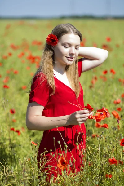 Kvinna på klänningen håller vallmo blommor — Stockfoto