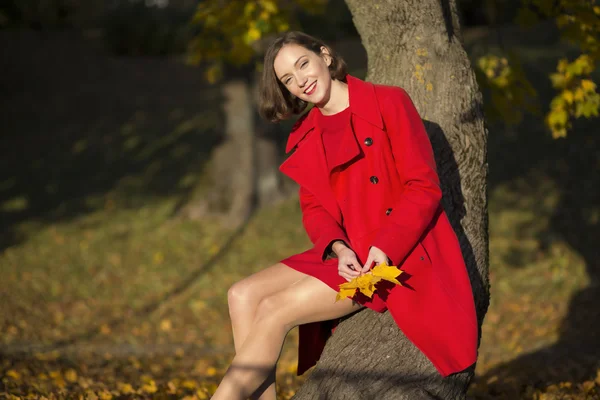 Frau im Herbstpark hält Laub in der Hand — Stockfoto