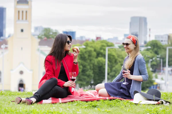 Chicas jóvenes están disfrutando del picnic de la tarde —  Fotos de Stock