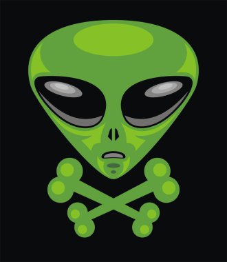 Uzaylı kafa ve çapraz kemikler. Yeşil canavar.