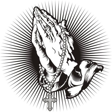 Praying hands with rosary with shining. Black white silhouette clipart