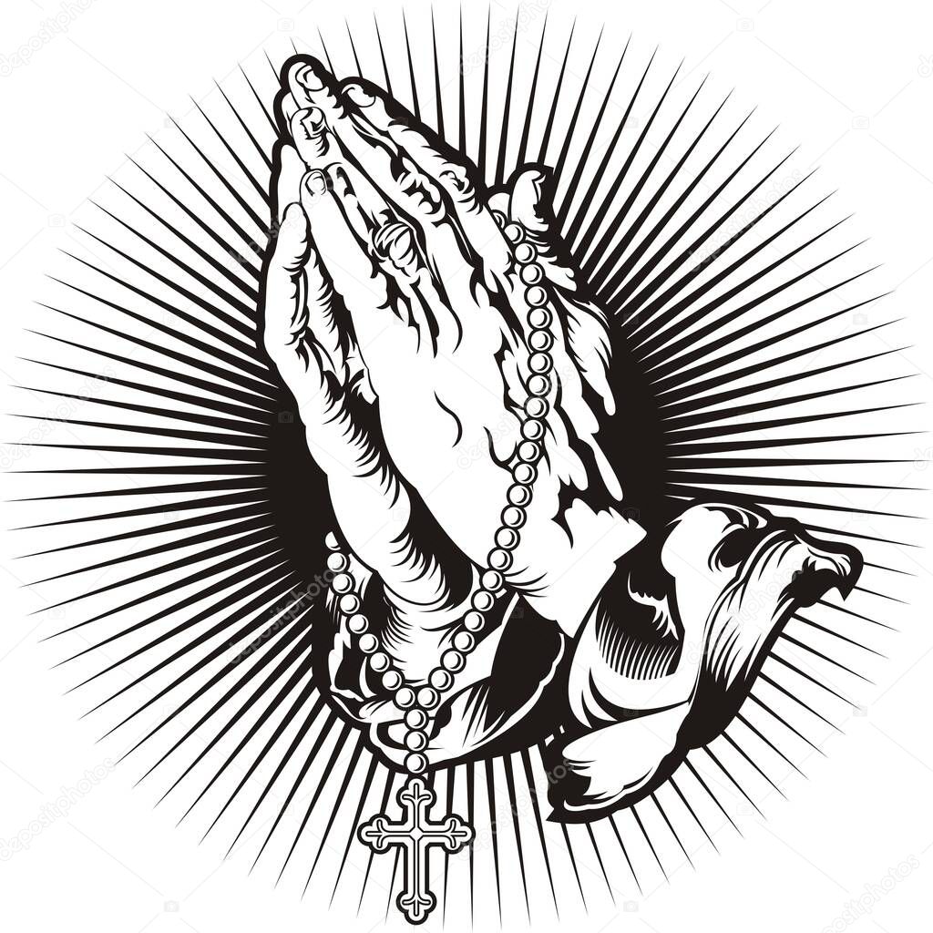 Praying hands with rosary with shining. Black white silhouette