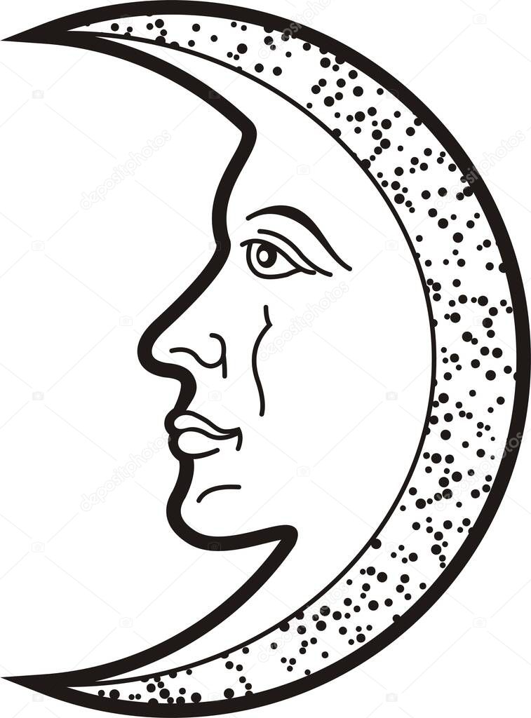 Moon with face. Heraldic sybol and tattoo.Black white silhouette.