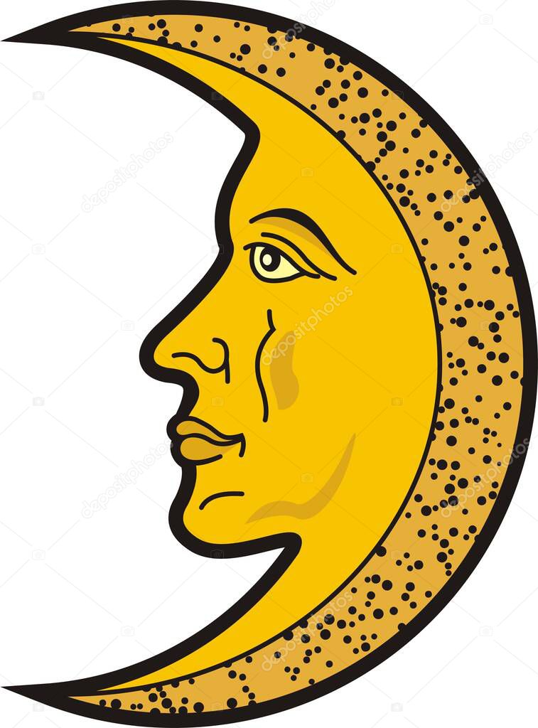 Moon with face. Heraldic sybol and tattoo.