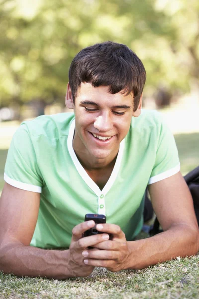 Jongen lezing bericht op mobiele telefoon — Stockfoto