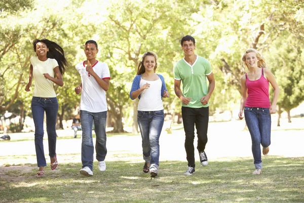 Grupo de amigos adolescentes corriendo en el parque — Foto de Stock