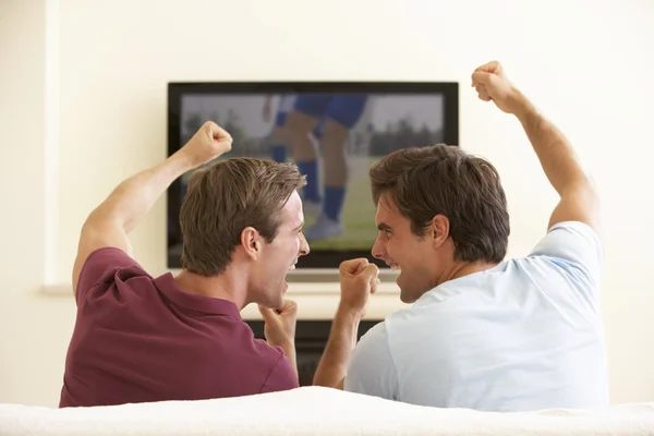 Uomini che guardano la TV Widescreen a casa — Foto Stock