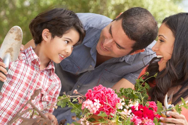 Familia que trabaja en jardineras — Foto de Stock