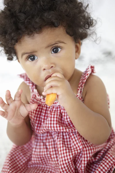 Jeune fille manger bâton de carotte — Photo