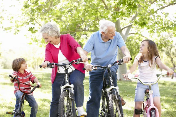 Coppia di anziani con nipoti in bicicletta — Foto Stock