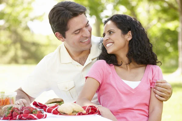 Paar genieten van picknick in het park — Stockfoto