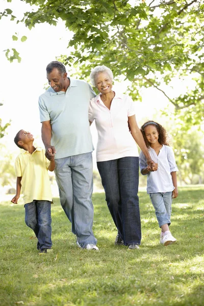 Mor-och farföräldrar med barnbarn promenader i parken — Stockfoto