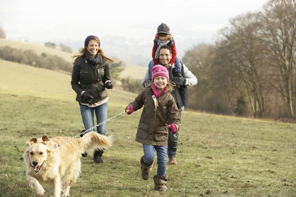 Family and dog on country walk — ストック写真