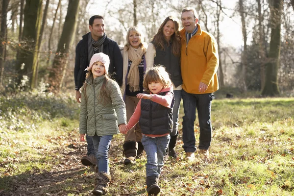 Familia de tres generaciones a pie por el campo — Foto de Stock