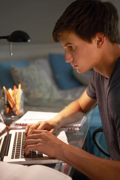 Adolescente menino estudando no laptop — Fotografia de Stock