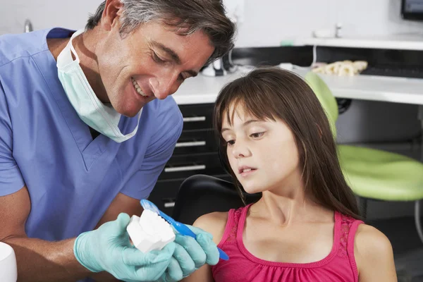 Стоматолог демонстрирует, как чистить зубы — стоковое фото