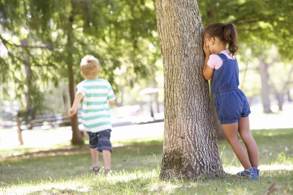 Dzieci gra zabawa w chowanego w parku — Zdjęcie stockowe