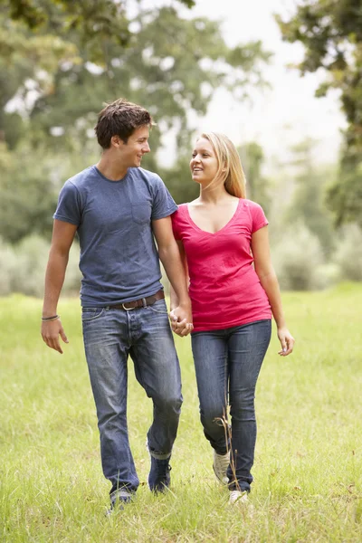 Casal romântico caminhando pelo campo — Fotografia de Stock