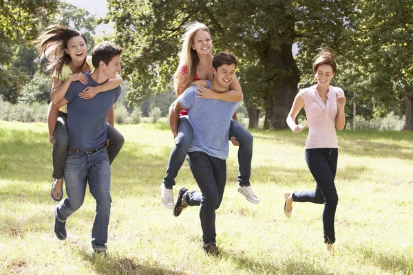 Grupo de amigos correndo pelo campo — Fotografia de Stock