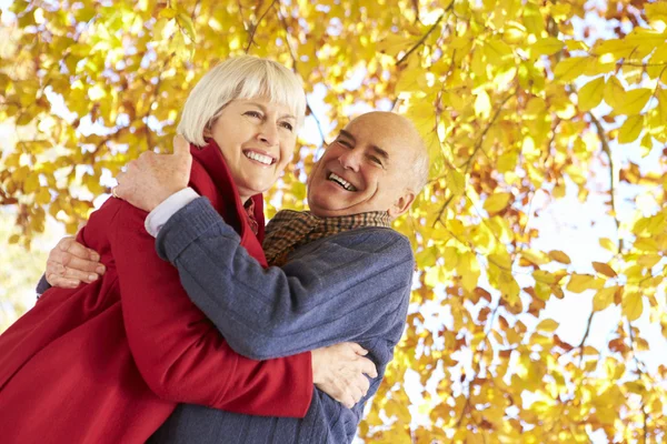 Senior paar knuffelen onder boom — Stockfoto
